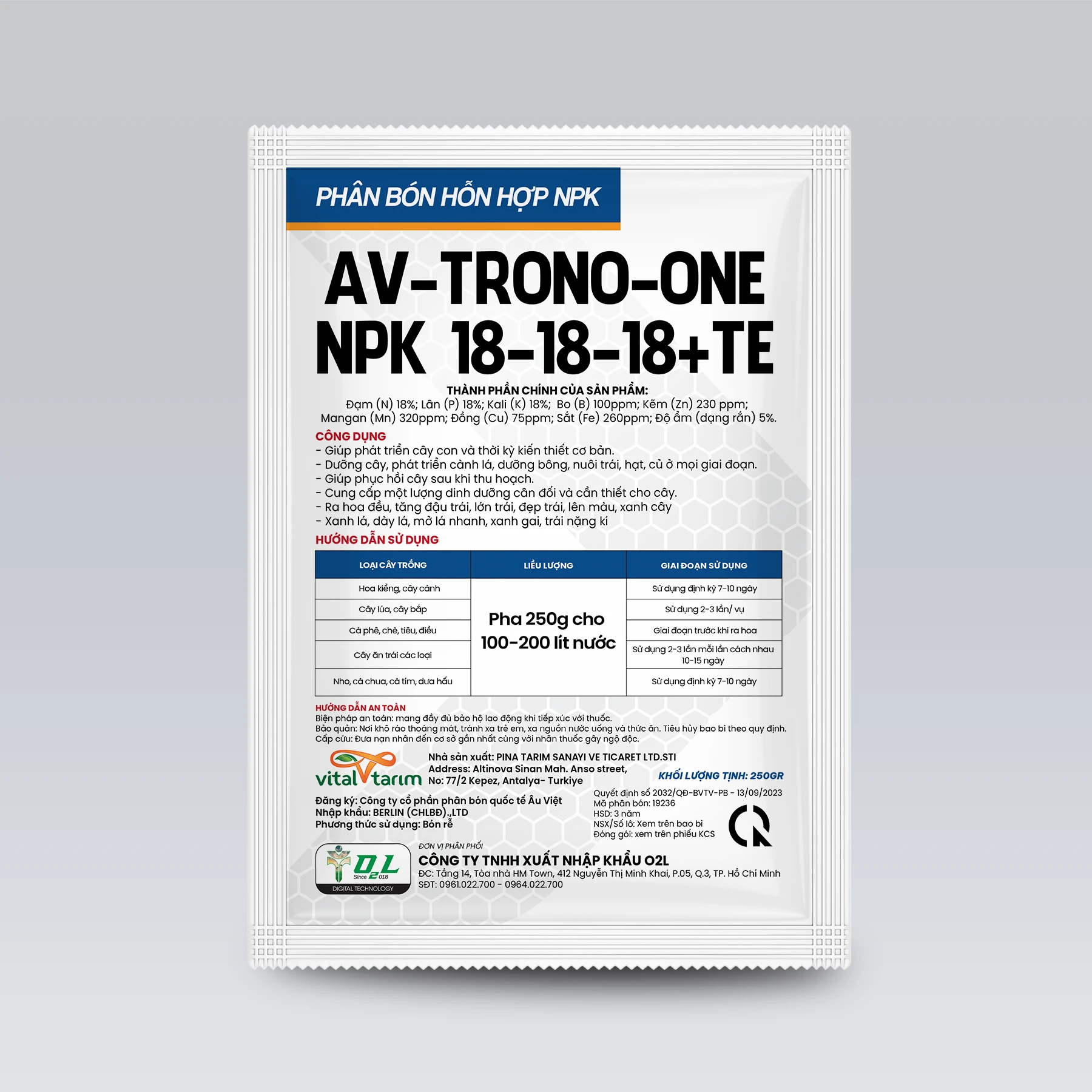 AV-TRONO-ONE NPK 18-18-18+TE – XANH LÁ, RA HOA ĐỀU, TĂNG ĐẬU TRÁI – 250GR
