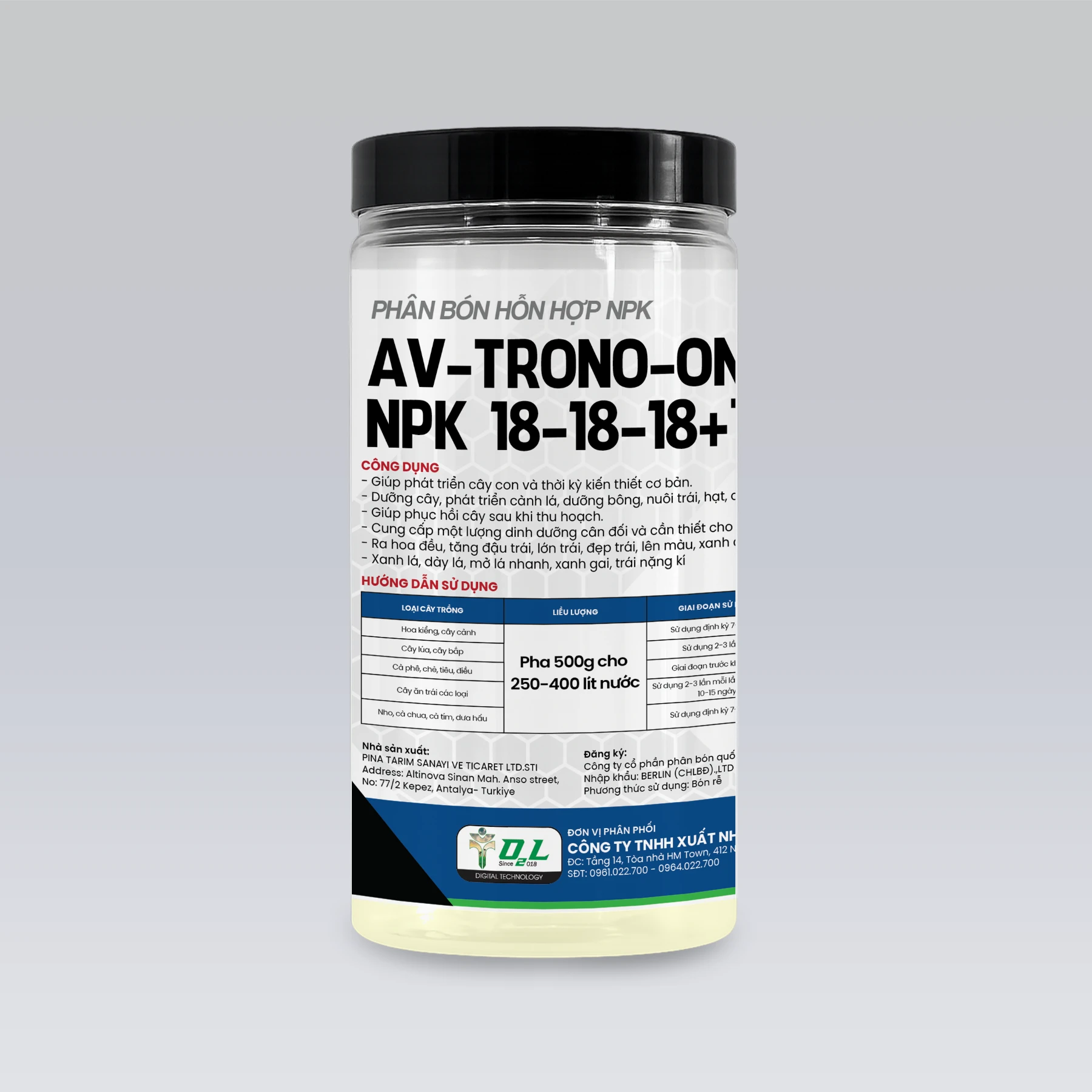 AV-TRONO-ONE NPK 18-18-18+TE – XANH LÁ, RA HOA ĐỀU, TĂNG ĐẬU TRÁI – 500GR