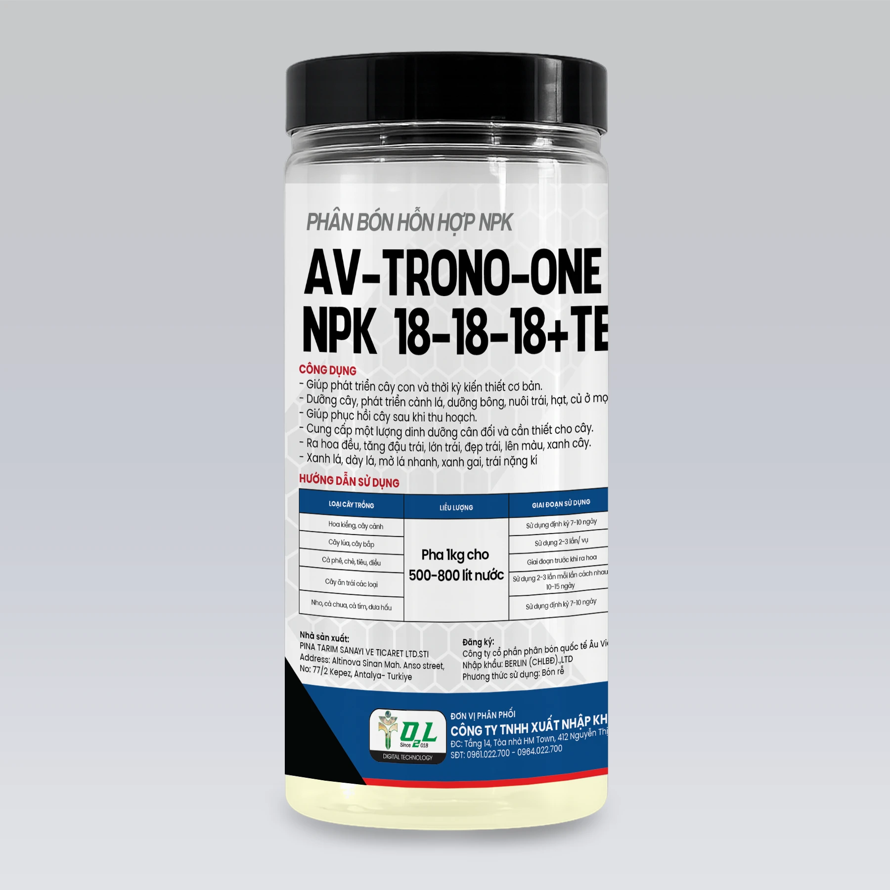 AV-TRONO-ONE NPK 18-18-18+TE – XANH LÁ, RA HOA ĐỀU, TĂNG ĐẬU TRÁI – 1KG